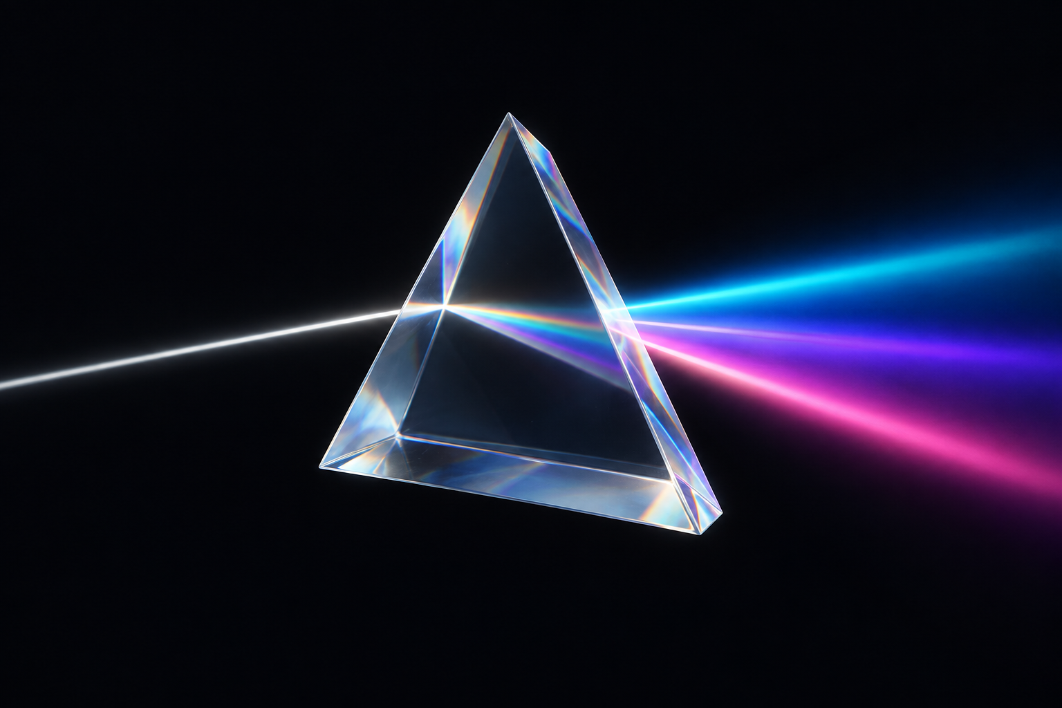 A glass prism refracting one beam of light into a spectrum of cyan, violet, and pink.